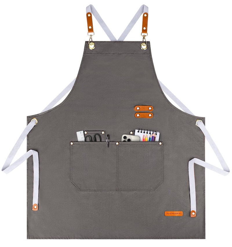 Teskyer Kitchen Cooking Apron with 4 Pockets, Water Oil Resistant, Canvas Cross Back Aprons for Men Women Chef Server - Grey - Image 1