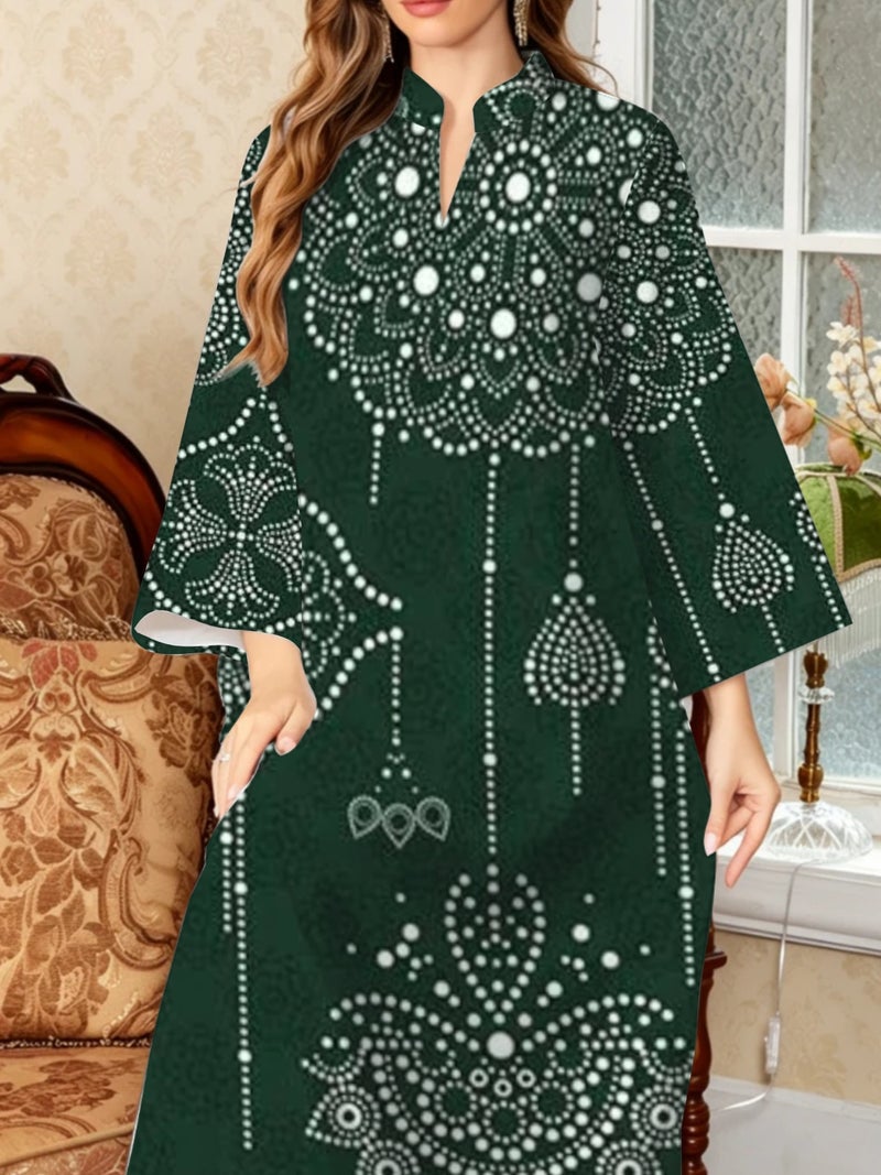 Dark‑Green Rhinestone Style Dot Print Flare Long Sleeve Stand Collar Abaya - Image 5