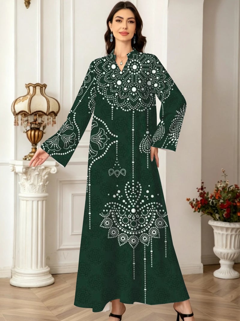 Dark‑Green Rhinestone Style Dot Print Flare Long Sleeve Stand Collar Abaya - Image 2