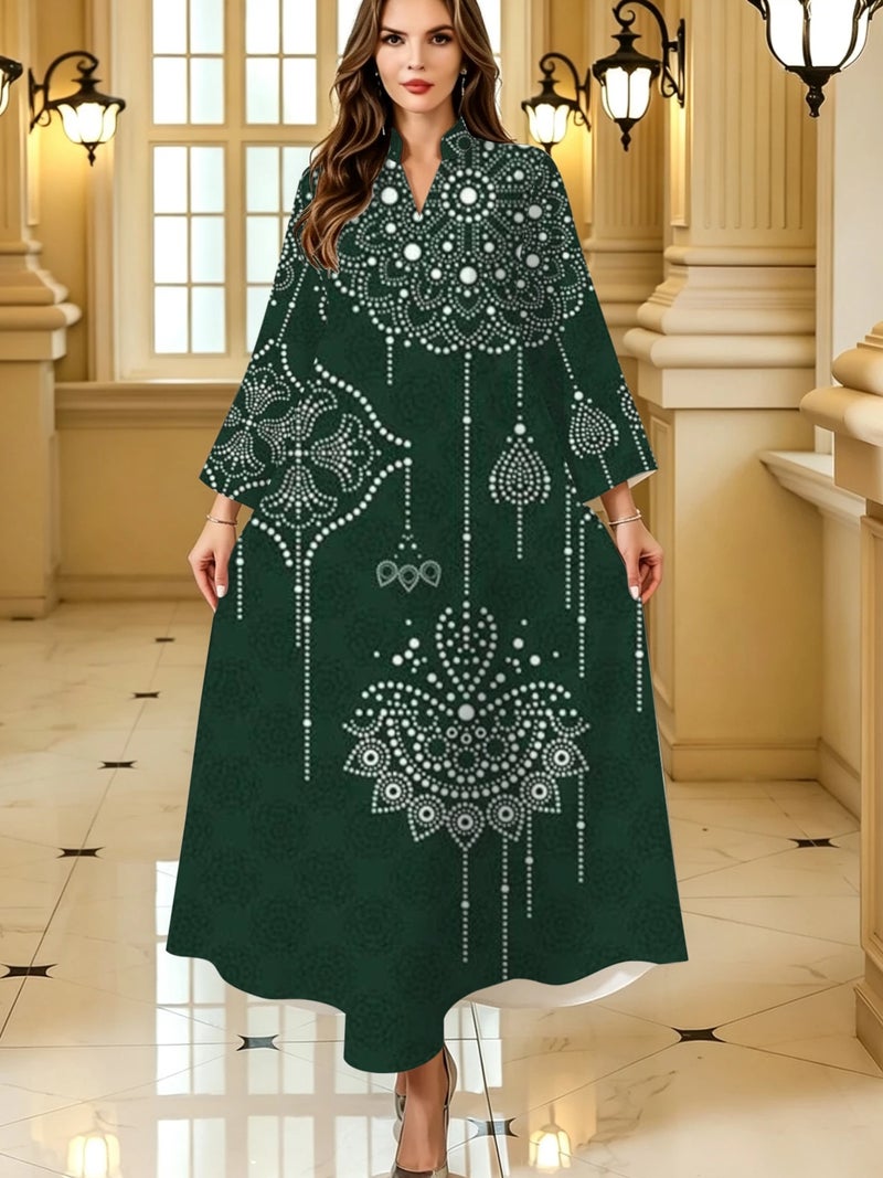 Dark‑Green Rhinestone Style Dot Print Flare Long Sleeve Stand Collar Abaya - Image 1