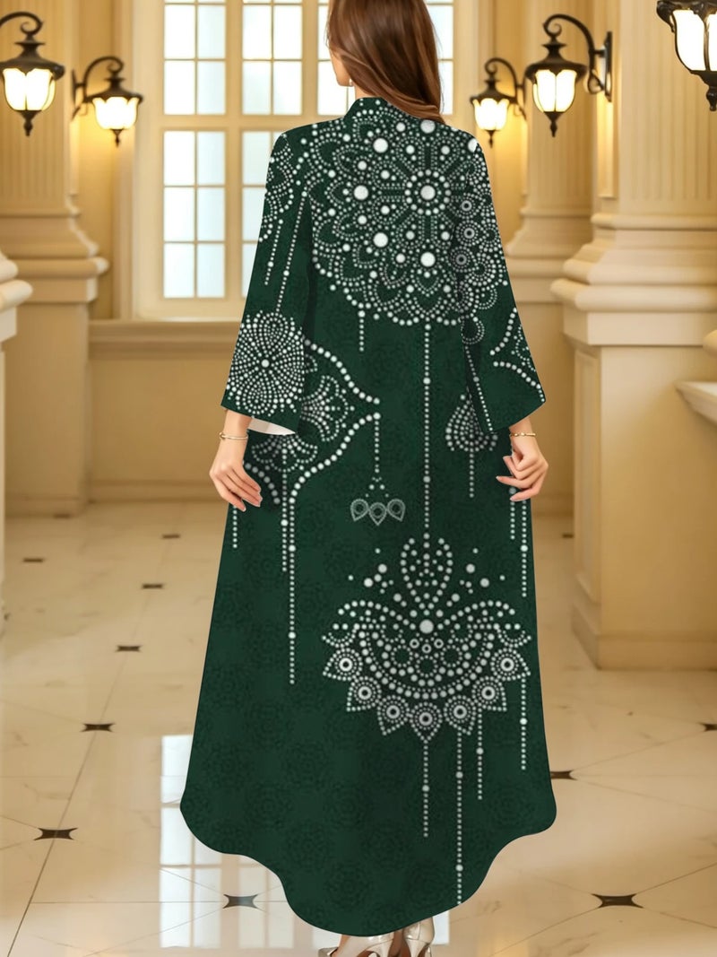 Dark‑Green Rhinestone Style Dot Print Flare Long Sleeve Stand Collar Abaya - Image 4