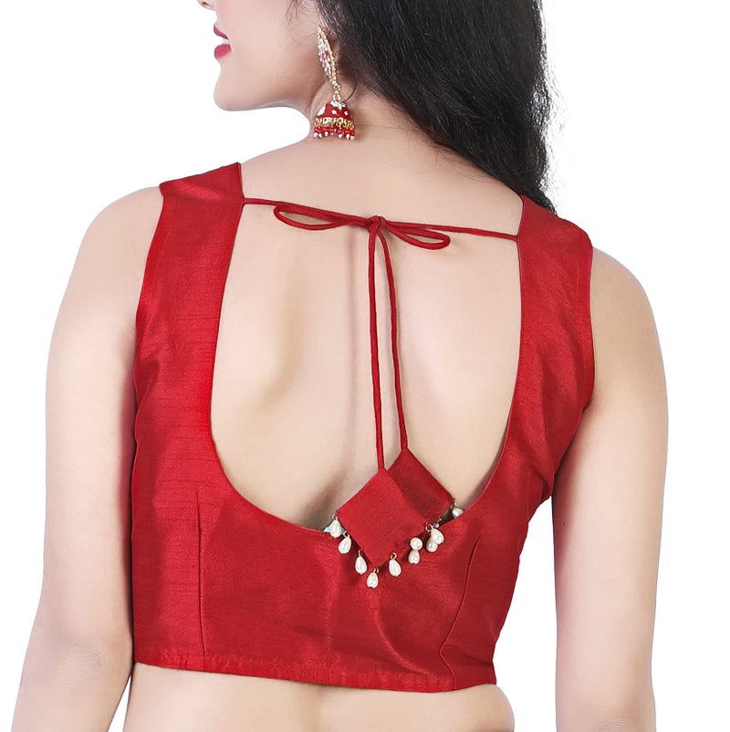 Studio Shringaar Women's Readymade Polyester Silk Sleeveless Saree Blouse (Red, 38) - Image 2