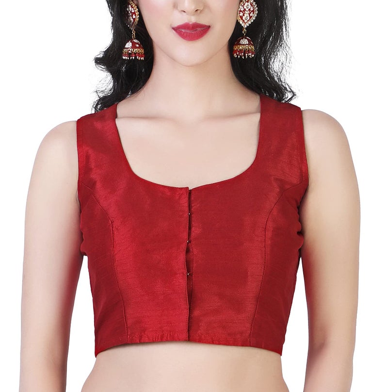 Studio Shringaar Women's Readymade Polyester Silk Sleeveless Saree Blouse (Red, 38) - Image 1