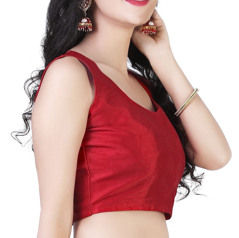 Studio Shringaar Women's Readymade Polyester Silk Sleeveless Saree Blouse (Red, 38) - Image 4