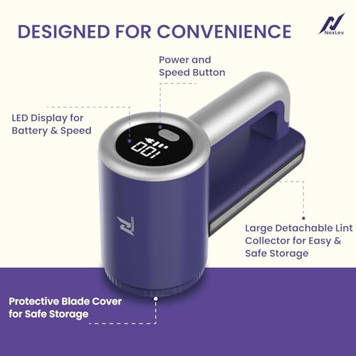 NexLev Rechargeable Lint Remover | for Woollen Sweaters Shirts Coat Curtains & Carpets | Rue & Burr Remover | 180 Min Use | TypeC | SS Blade | 2000mAh | 3 Speed Modes | Safety Lock | LR-02 - Image 3