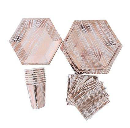 Party Plates Bronzing Silver Rose Gold Disposable Party Paper Plate Paper Cup Paper Towel Straw Knife and Fork Spoon rose gold wood grain 