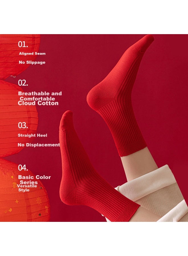 LANG SHA Langsha Women's Socks Red Double-needle Pure Cotton Antibacterial Year Of The Horse Couple Wedding Striped Mid-calf Socks - Image 3
