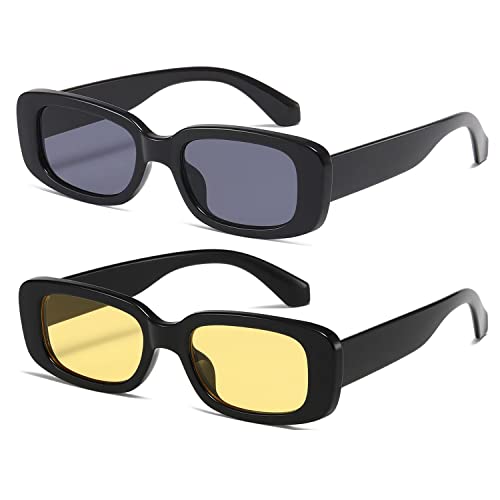 kimorn Rectangle Sunglasses for Women Men Trendy Retro Fashion Sun Glasses 90’s Vintage Square Frame K1200 (Black Frame Grey Lens+Black Frame Yellow Lens, 65) - Image 1