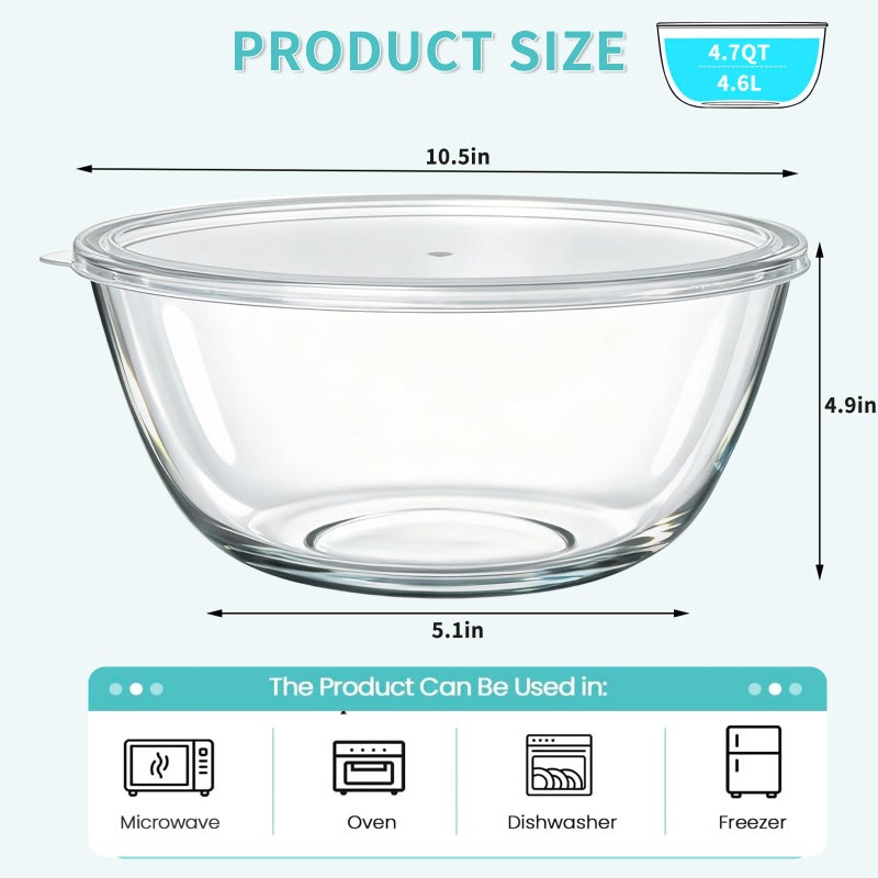 KEUYE Large Glass Bowl For Bread Making,4.7Qt(4500ml),Dishwasher Safe,Glass Bowl For Sourdough Bread Proofing,With Lid - Image 2