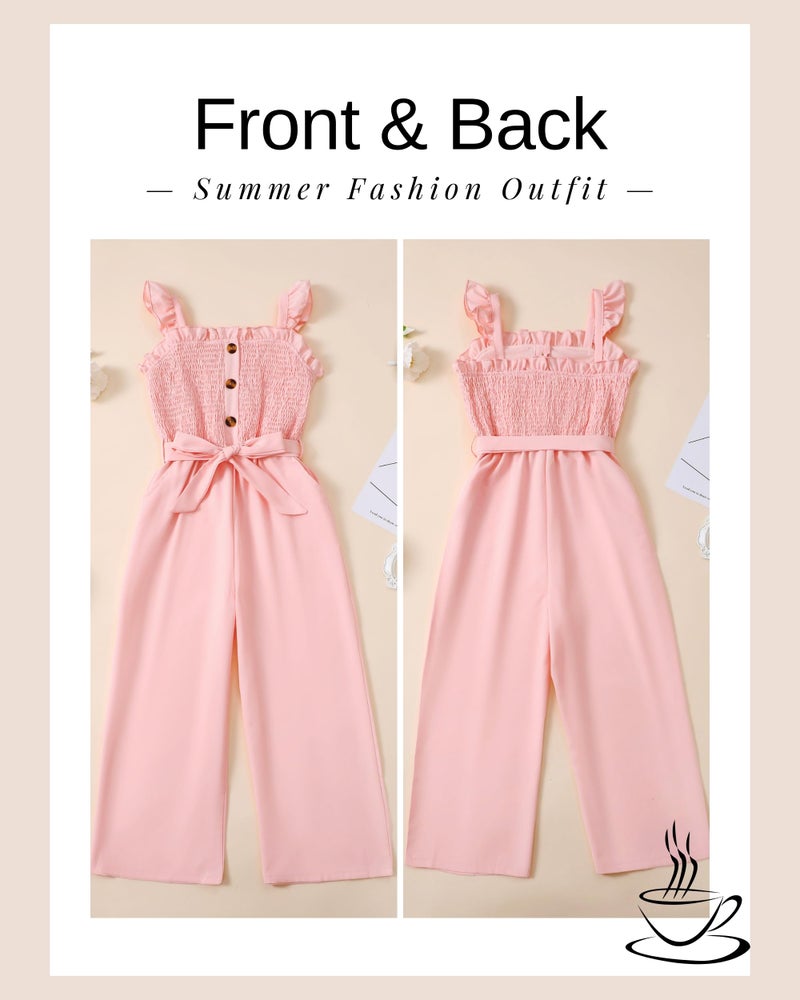 SODLON Clothes for Girl 10-12 Girls Jumpsuit Kids Fashion Preppy Ruffle Sleeveless Wide Leg Belted One-Piece Romper Smocked Summer Outfits with Pockets Pink - Image 5