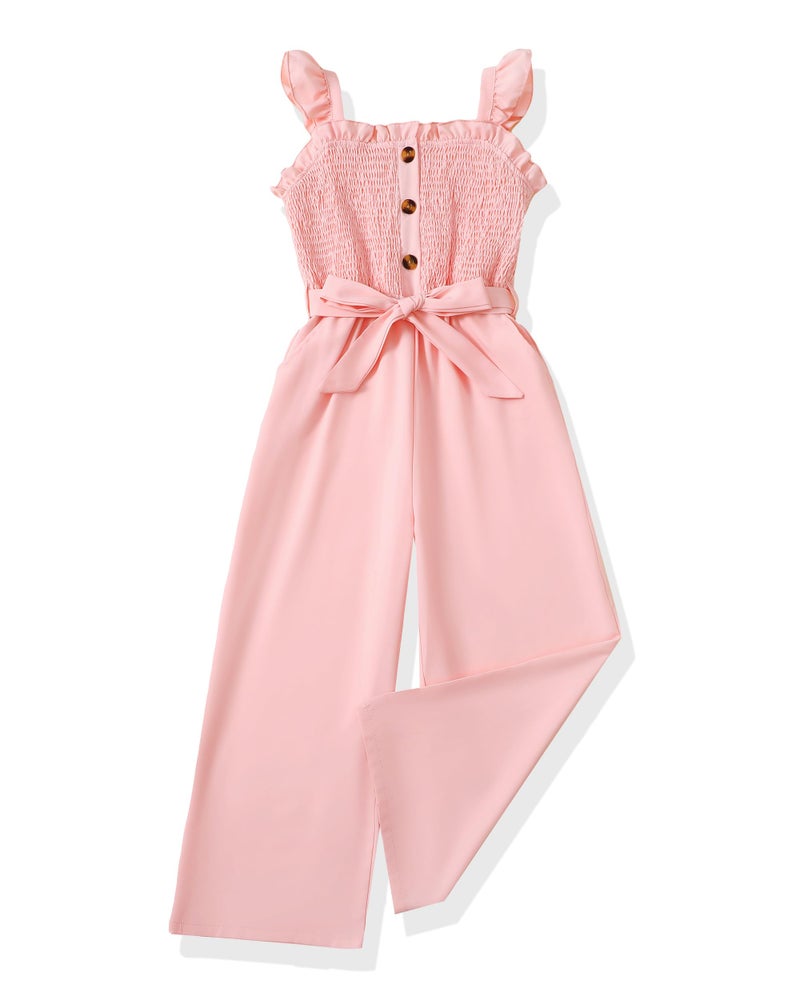 SODLON Clothes for Girl 10-12 Girls Jumpsuit Kids Fashion Preppy Ruffle Sleeveless Wide Leg Belted One-Piece Romper Smocked Summer Outfits with Pockets Pink - Image 1