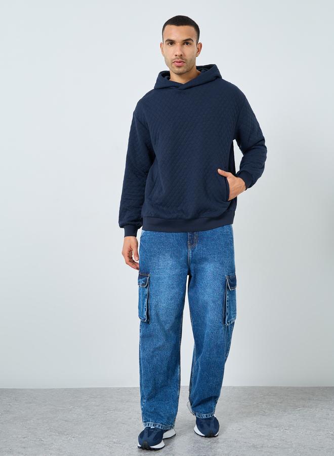 Styli Men Navy Quilted Look Oversized Hoodie - Image 2
