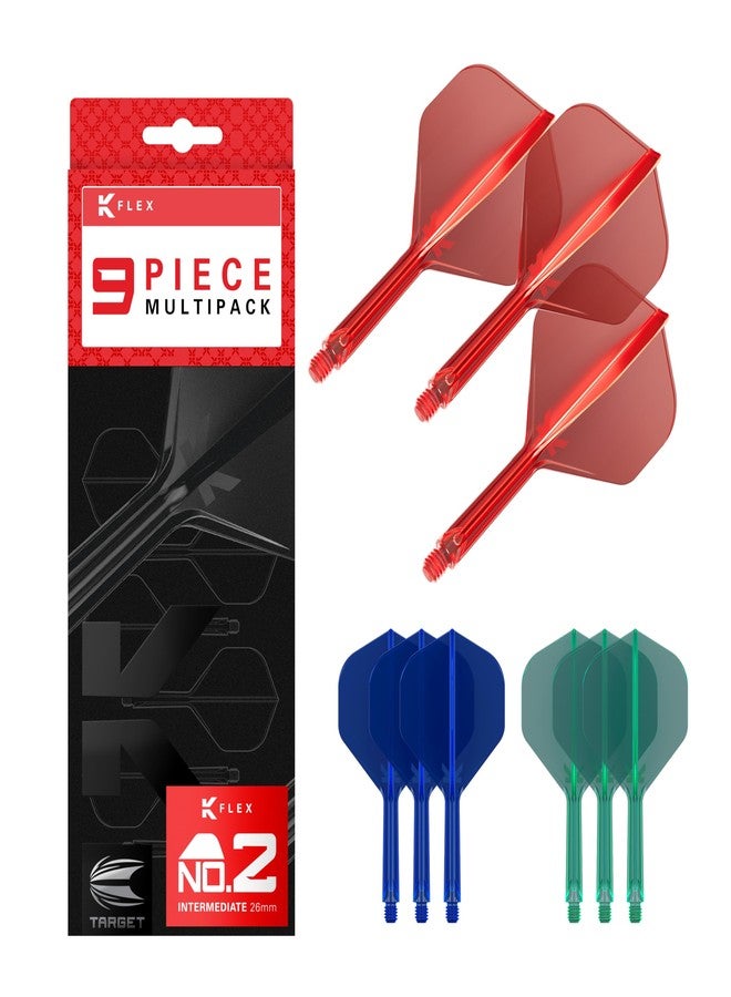 Target Darts K-Flex Integrated Dart Flights and Shafts, Intermediate Stem (26mm), No.2 Flight, 9-Pack Bundle, Red, Blue & Green - Image 1