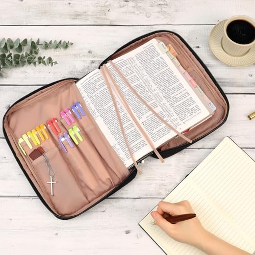 FINDCOZY غطاء الكتاب المقدس FINDCOZY للنساء، حقيبة كنيسة متينة لحمل الكتب مع مقبض وجيب بسحاب، لملحقات الكتاب المقدس، باللون الأسود - Image 5