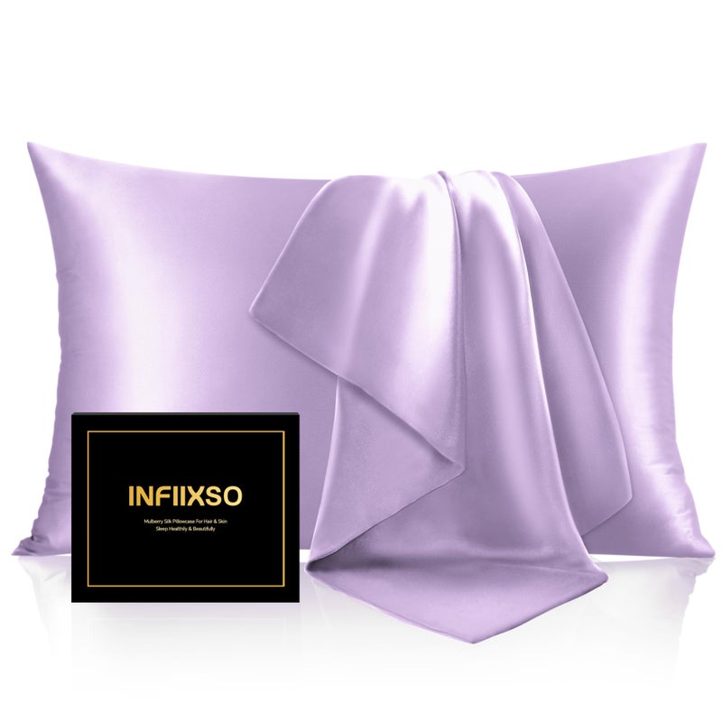 INFIIXSO Mulberry Silk Pillowcase for Hair and Skin  Silk Pillow Cases Standard Size Set of 2 with Hidden Zipper 20""x26""  Ultra Smooth and Soft Cooling Pillow Cases for Hot Sleepers(Lavender 2 Pack) - Image 1