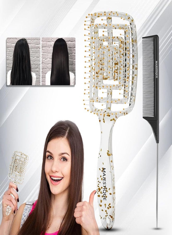 Majestique Vent Styling Hair Brush with Tail Comb | Unique Paddle Design with Transparent Body & Glitter | Perfect for Detangling, Blow-Drying, & Styling All Hair Types - 2Pcs/Multicolor - Image 1
