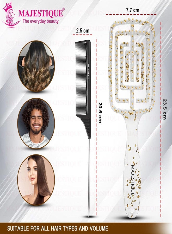 Majestique Vent Styling Hair Brush with Tail Comb | Unique Paddle Design with Transparent Body & Glitter | Perfect for Detangling, Blow-Drying, & Styling All Hair Types - 2Pcs/Multicolor - Image 5
