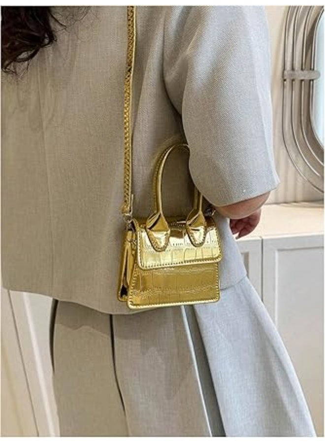 A small, square-shaped handbag with a crocodile-embossed pattern and a metal top handle for women; a small crossbody handbag with a flap closure. - Image 3