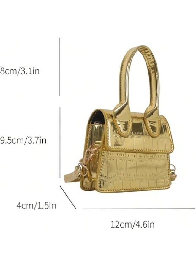 A small, square-shaped handbag with a crocodile-embossed pattern and a metal top handle for women; a small crossbody handbag with a flap closure. - Image 2