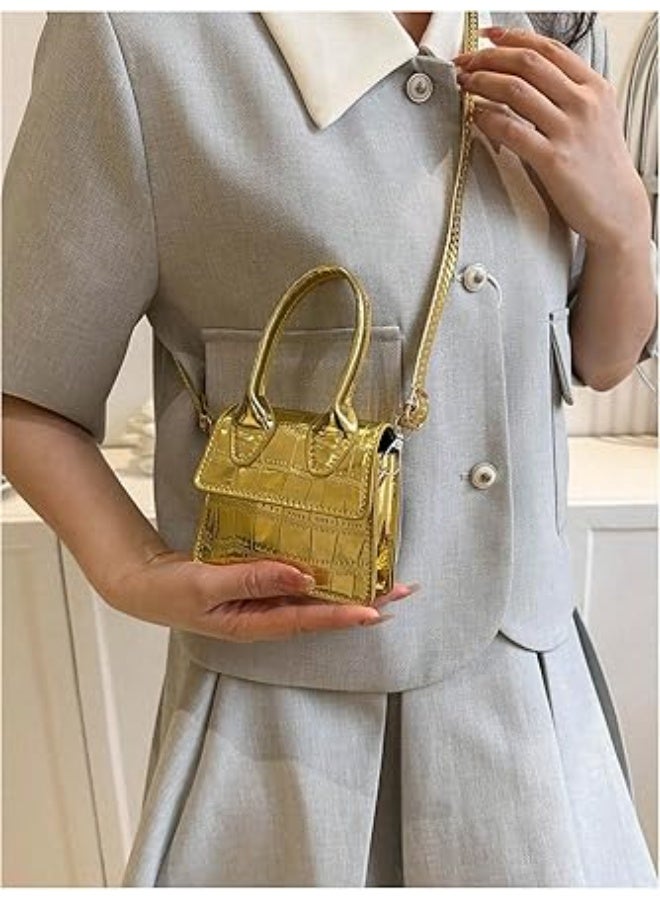 A small, square-shaped handbag with a crocodile-embossed pattern and a metal top handle for women; a small crossbody handbag with a flap closure. - Image 4