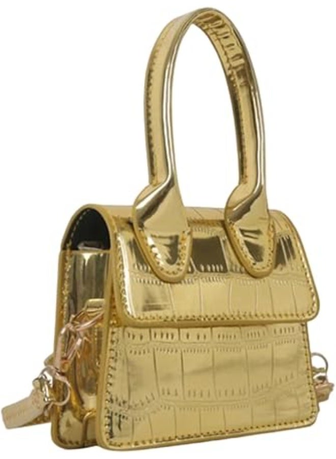 A small, square-shaped handbag with a crocodile-embossed pattern and a metal top handle for women; a small crossbody handbag with a flap closure. - Image 1