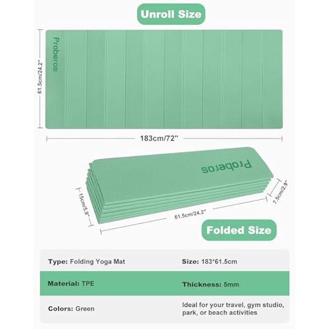 Proberos حصيرة يوغا قابلة للطي غير قابلة للانزلاق، بسماكة 6 مم، حصيرة تمارين TPE مع حزام حمل، خفيفة الوزن ومحمولة لليوغا في المنزل، التأمل، التمارين، والسفر 183X61 سم - Image 5