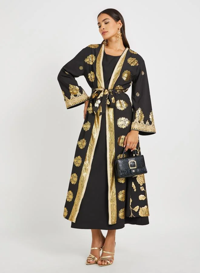تايك تو Take Two Foil Printed Front Open Abaya and Inner Dress Set