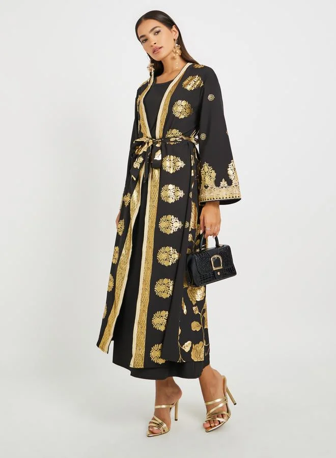 تايك تو Take Two Foil Printed Front Open Abaya and Inner Dress Set