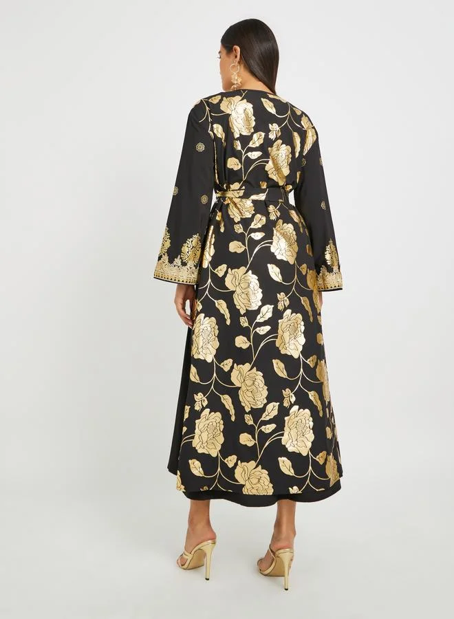 تايك تو Take Two Foil Printed Front Open Abaya and Inner Dress Set