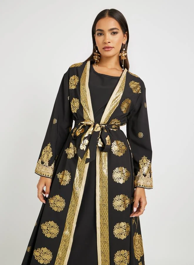 تايك تو Take Two Foil Printed Front Open Abaya and Inner Dress Set