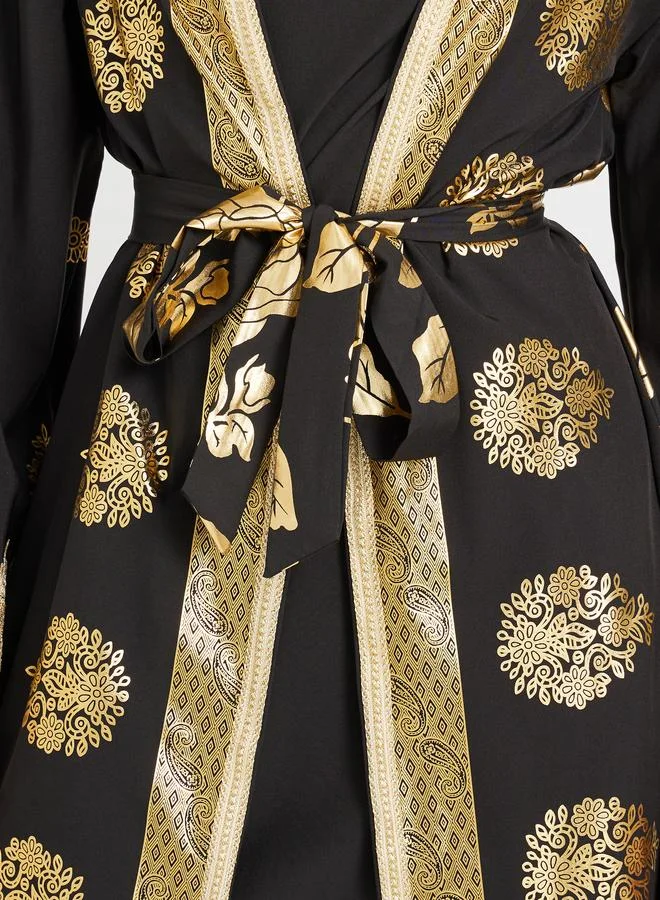 تايك تو Take Two Foil Printed Front Open Abaya and Inner Dress Set