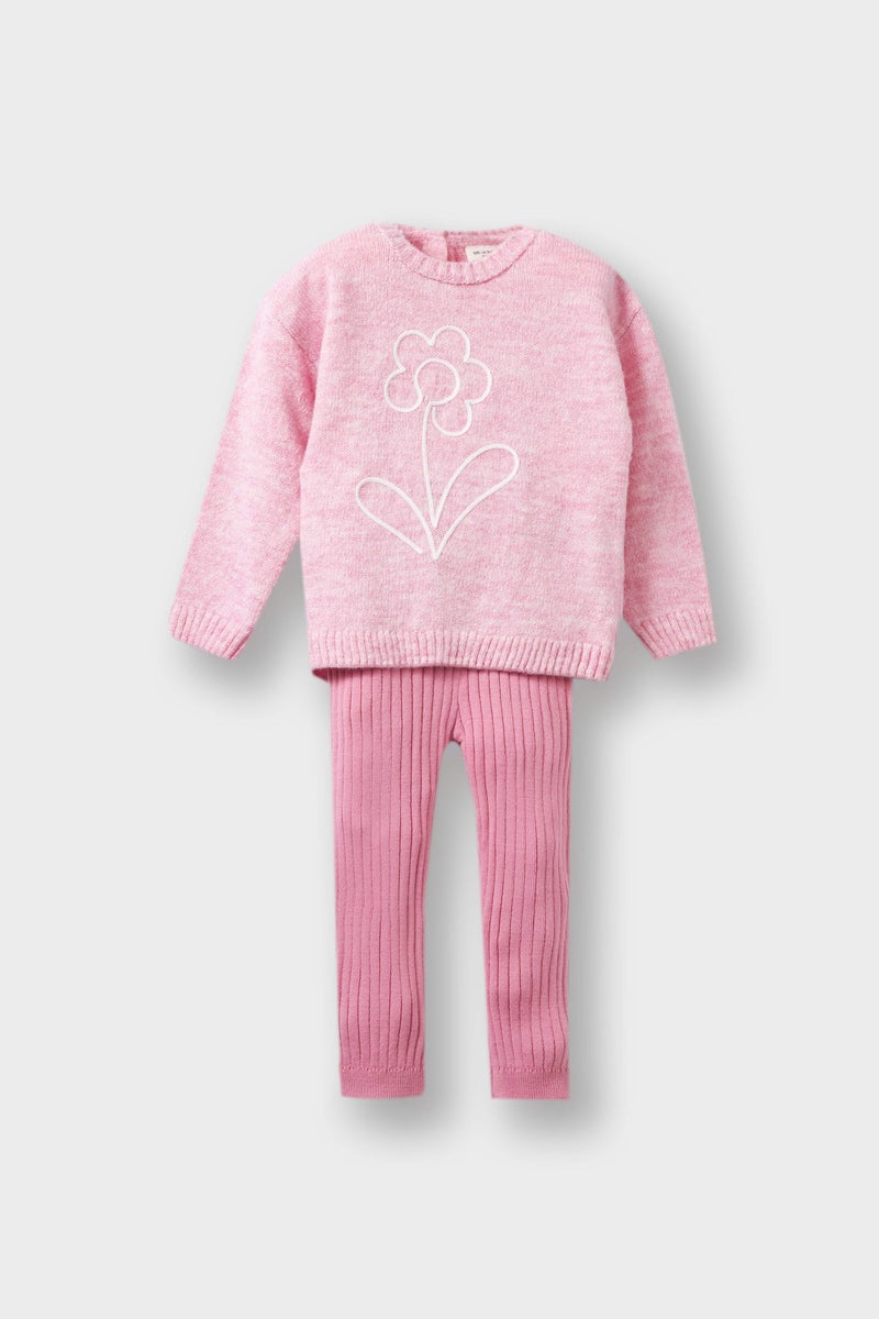DeFacto Pink Baby Girl 2 Piece Regular Fit Crew Neck Flower Set Casual - Image 1