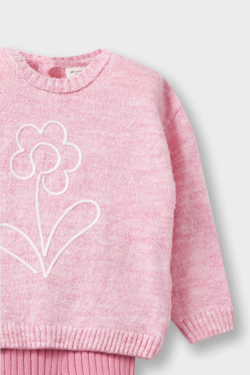 DeFacto Pink Baby Girl 2 Piece Regular Fit Crew Neck Flower Set Casual - Image 4