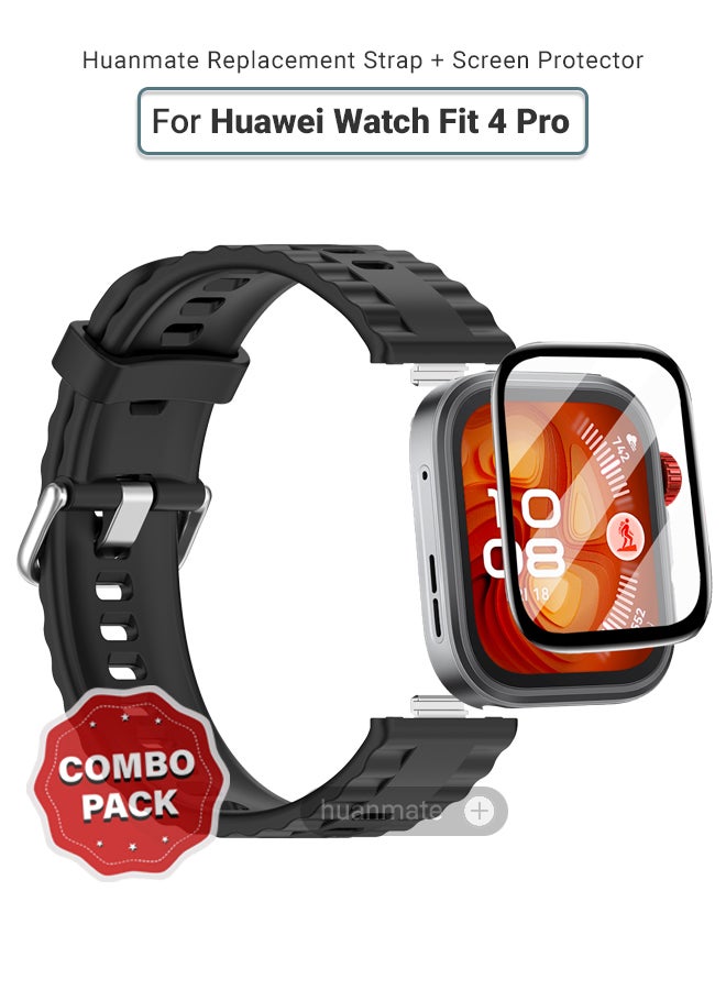 huanmate 2 In 1 Huawei Watch Fit 4 Pro Smartwatch Soft Silicone Replacement Strap + Premium Screen Protector – High Quality, Stylish, Lightweight & Durable Strap and Clear, Safe, Smudge-Resistant Screen Shield  - Image 1