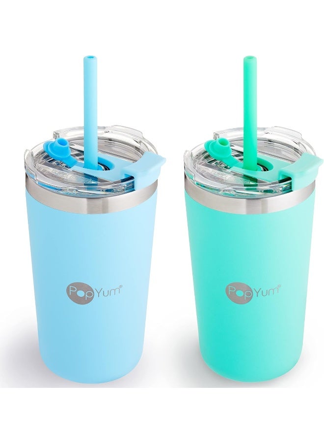 PopYum 13oz Insulated Stainless Steel Kidsâ€™ Cups with Lid and Straw, 2-Pack - Image 1