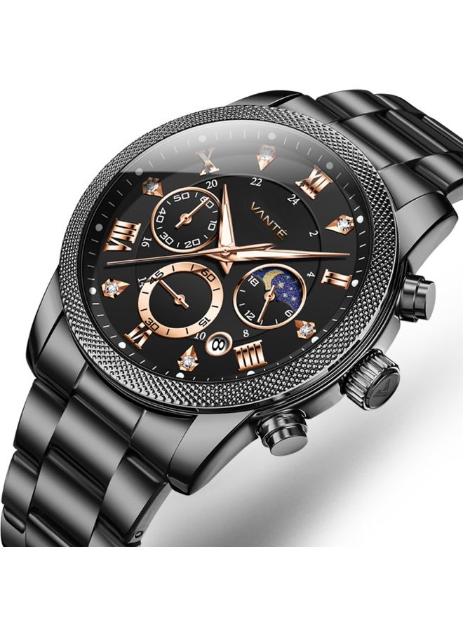 ڤوغ فينيو ساعة VANTE Series للرجال باللون الأسود والذهبي الوردي والماس ومرحلة القمر من VOGUE VENUE - VNT018 - Image 2