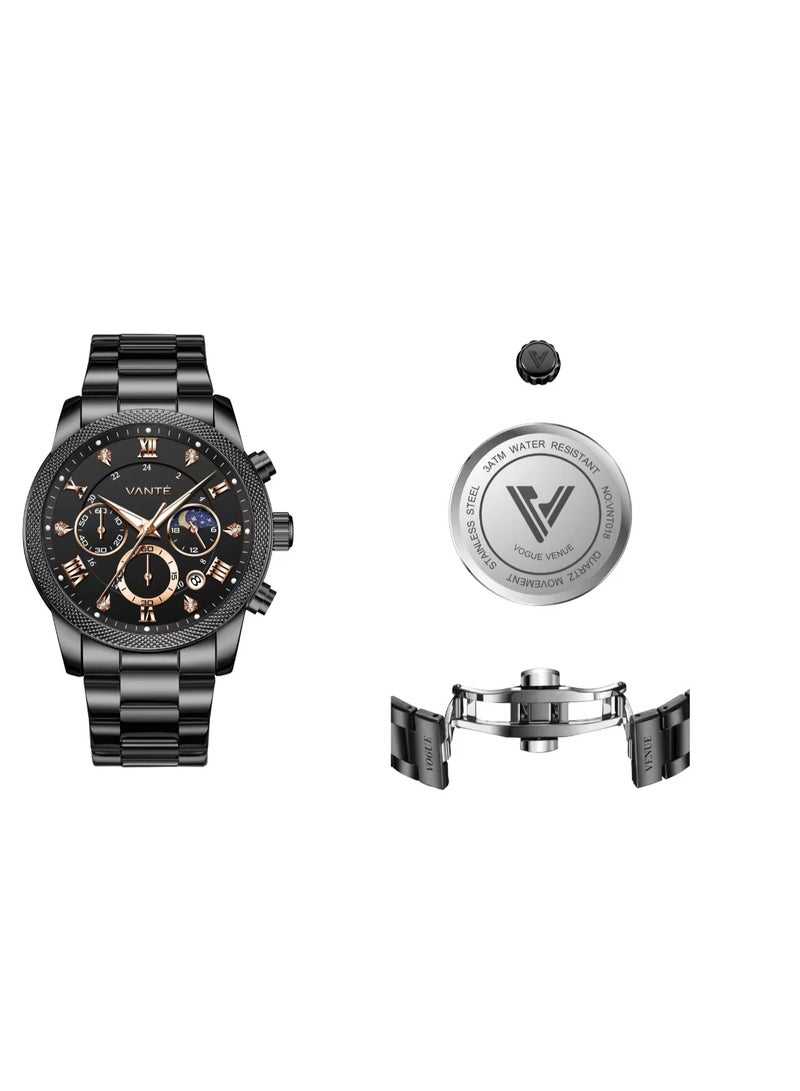 ڤوغ فينيو ساعة VANTE Series للرجال باللون الأسود والذهبي الوردي والماس ومرحلة القمر من VOGUE VENUE - VNT018 - Image 4