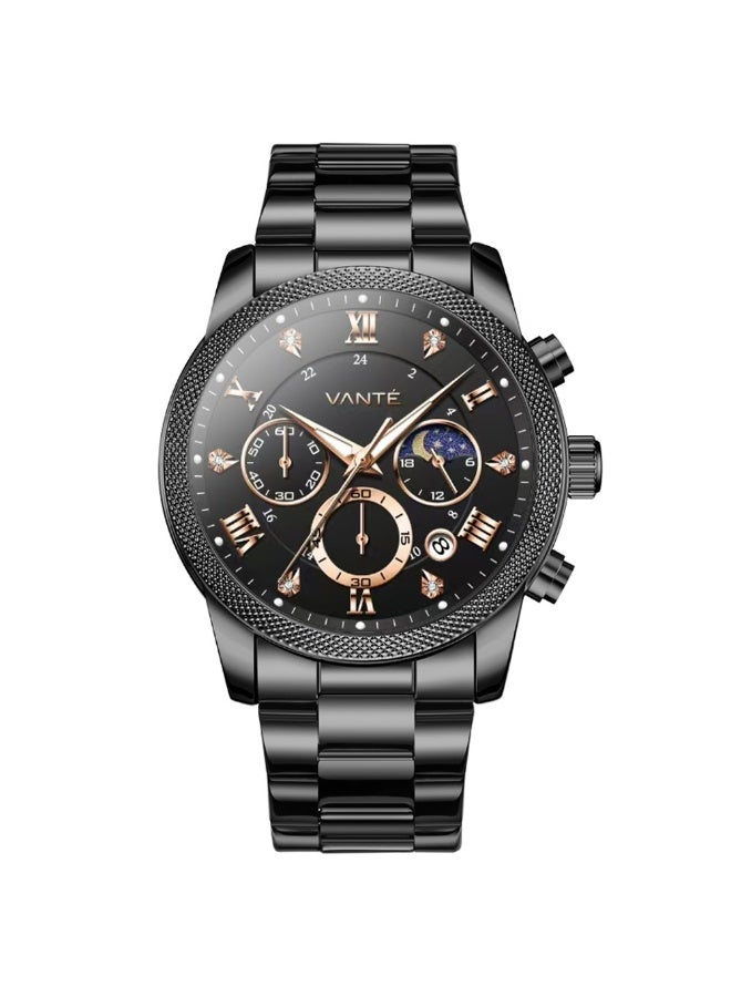 ڤوغ فينيو ساعة VANTE Series للرجال باللون الأسود والذهبي الوردي والماس ومرحلة القمر من VOGUE VENUE - VNT018 - Image 1
