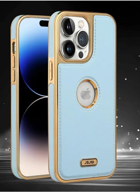 Upscale 14 Pro Max Luxury Premium Leather Back Cover Soft Protective Mobile Phone Case Blue/Gold