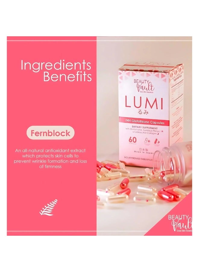 Beauty Vault LUMI 24H Glutathione Capsules with Collagen & Vitamin E 60 Capsules Dietary Supplement for Skin Radiance & Antioxidant Support Made in Japan | Best Price KSA