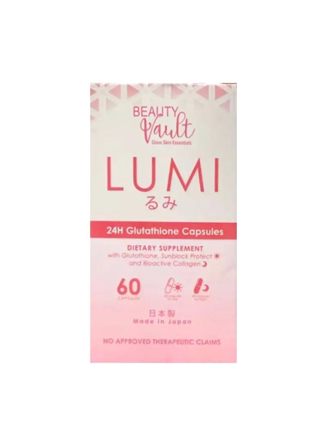 Beauty Vault LUMI 24H Glutathione Capsules with Collagen & Vitamin E 60 Capsules Dietary Supplement for Skin Radiance & Antioxidant Support Made in Japan | Best Price KSA