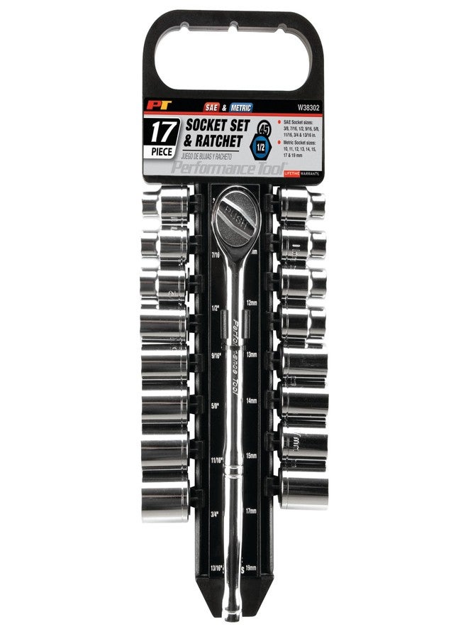بيرفورمانس تول مجموعة أدوات الأداء W38302، 17 قطعة، محرك 1/2 بوصة، SAE ومقياس متري، 6 نقاط، مع مفتاح ربط - Image 2