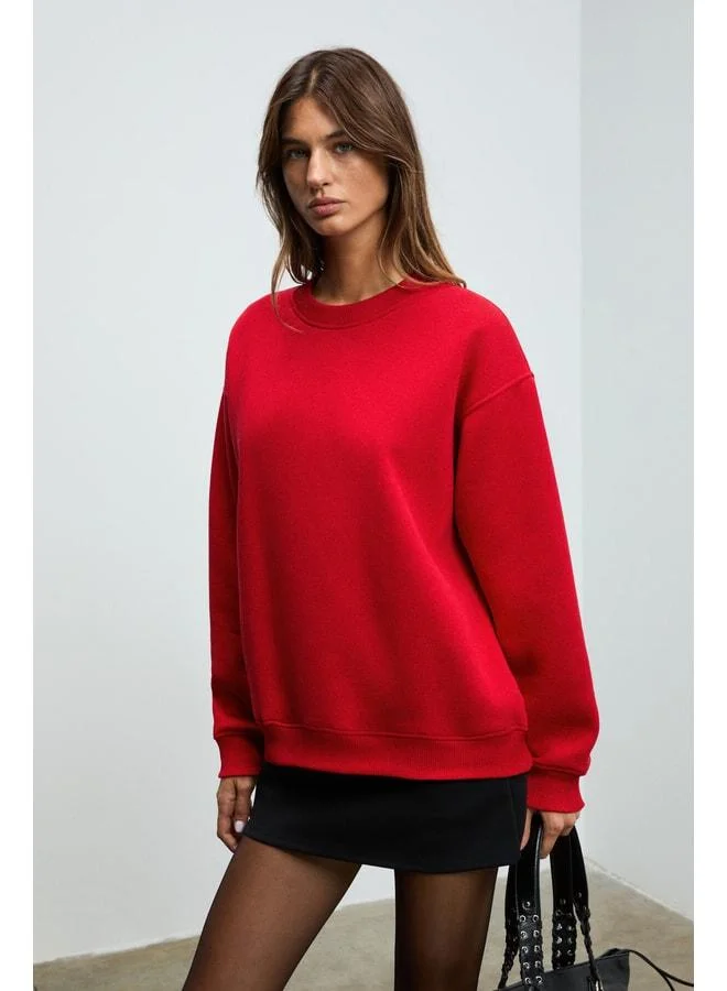 GRIMELANGE KARIUS Women's Organic Cotton Lined Wool Oversize Round-Neck Red Sweatshirt.