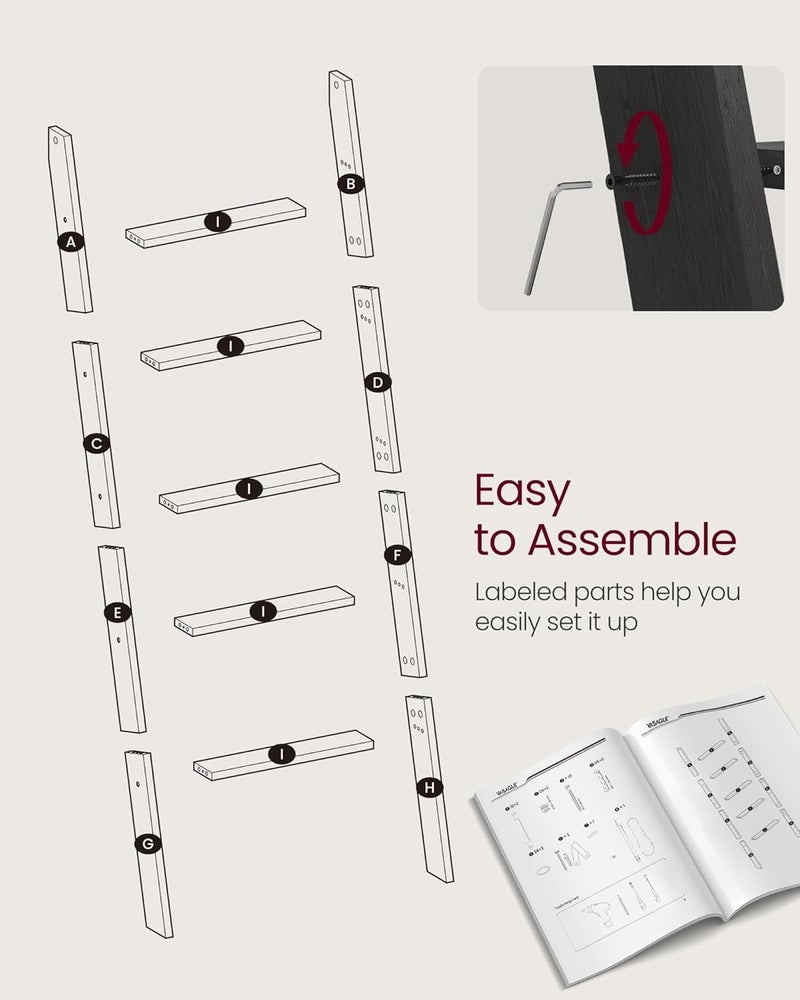 VASAGLE Blanket Ladder Decorative Farmhouse for The Living Room, 5-Tier Ladder Shelf, Ladder Rack for Storage and Decor, Ebony Black - Image 4