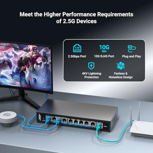 GigaPlus 10 Ports 10Gb Unmanaged Ethernet Switch with 8*2.5G Base-T Ports, 2*10G RJ45 Ports. 80Gbps Switching Capacity, GiGaPlus 10Gbps Network Switch for 2.5G/10Gbps NAS/PC, WiFi6 Router, Wireless AP - Image 3