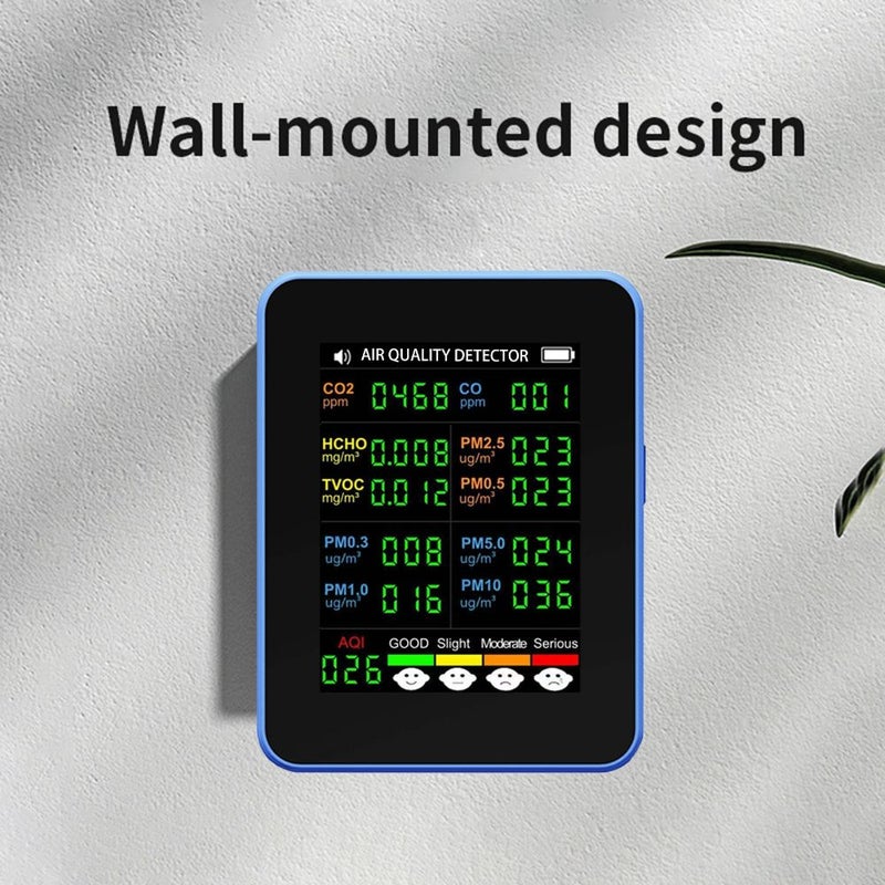 جهاز مراقبة جودة الهواء الجديد 14 في 1 يكشف عن AQI PM2.5 PM10 CO2 PM0.3 PM1.0 CO TVOC HCHO يعمل بالطاقة عبر USB للمكتب والمنزل والسيارة، باللون الأبيض والأزرق - Image 4