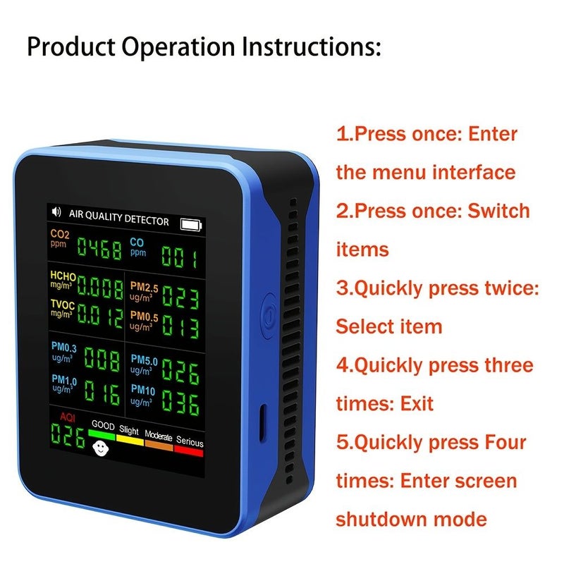 جهاز مراقبة جودة الهواء الجديد 14 في 1 يكشف عن AQI PM2.5 PM10 CO2 PM0.3 PM1.0 CO TVOC HCHO يعمل بالطاقة عبر USB للمكتب والمنزل والسيارة، باللون الأبيض والأزرق - Image 3