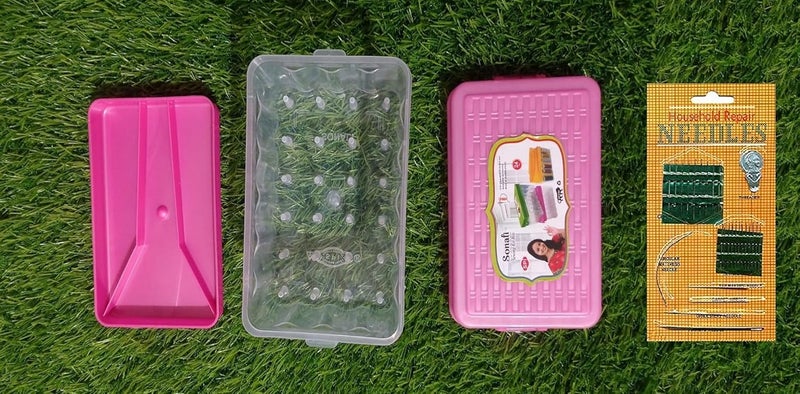 DAIDSUKE Plastic 24 Reels Storage Sewing Supplies Organizer Rectangular Tailoring Accessories Empty Box with 27 Needle Set Free Needle Empty Box Small Size 24 Spools Tailor kit Random Color