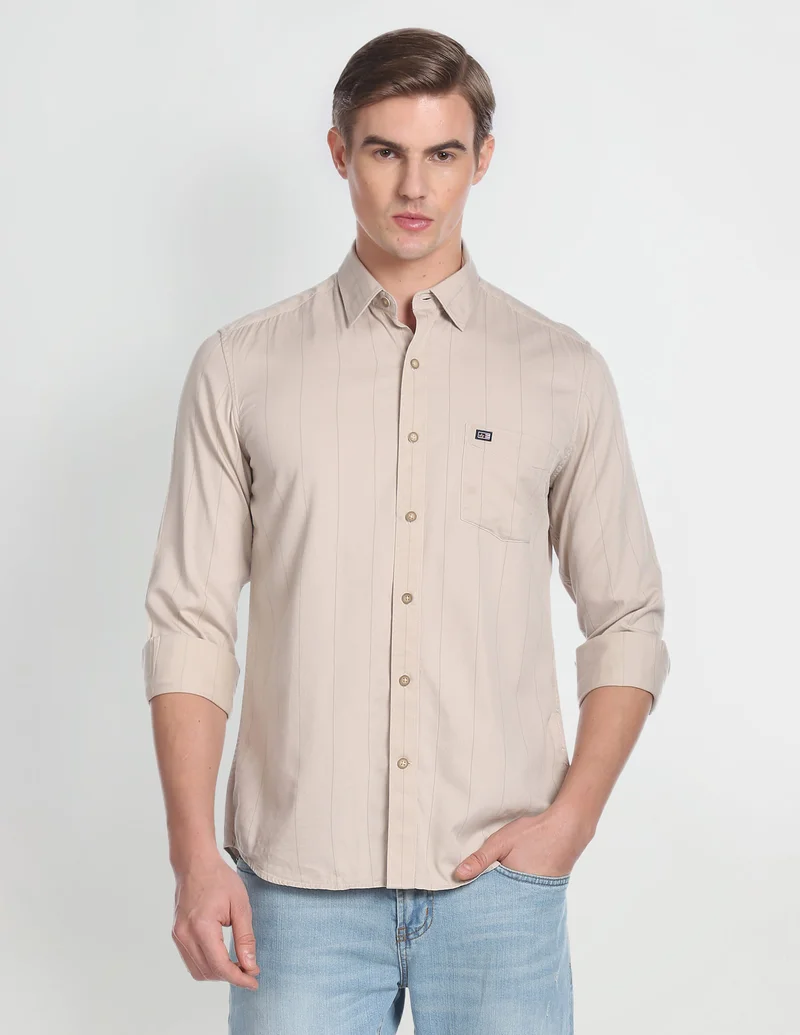 Arrow Beige Manhattan Slim Fit Twill Shirt for Men | Best Price UAE