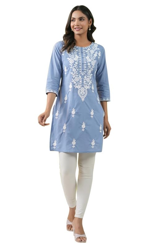 Janasya Women's Blue Cotton Chikankari Embroidered Regular Tunic(JAA24TU00246-M) - Image 1